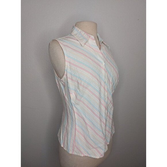 Lands End Women 10 Petite Sleeveless Collar Button Down Blouse Pastel Seersucker - Picture 8 of 16